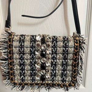 Aldo Black and White Tweed Crossbody Bag with Gold Chain